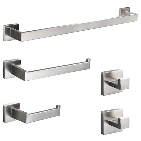 5-Piece Bath Hardware Set with Towel Bar Toilet Paper Holder Towel Hook in Brushed Nickel