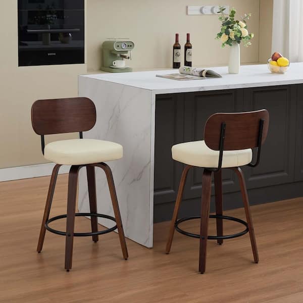 Unbranded Beige PU Leather Upholstered Swivel Bar Stools Modern Upholstered Counter Height Barstools with Bentwood Legs (Set of 2)