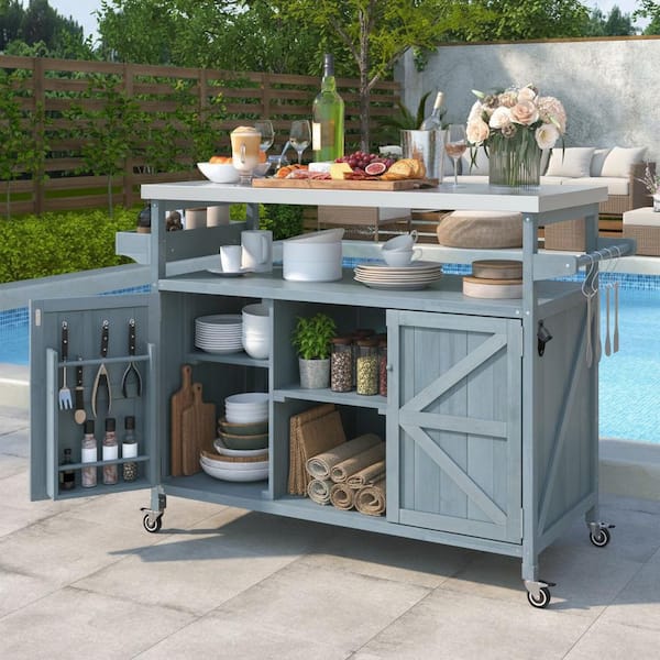 Farmhouse Gray Blue Stainless Steel 50 in. Outdoor Patio Kitchen Island Grill Table Bar Cart with Internal Storage Rack