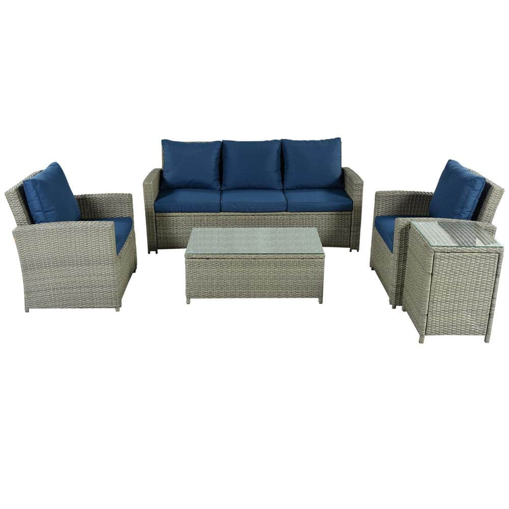 Grey 5-Piece Wicker Outdoor Sectional Set with Blue Cushions ST713B-139 ...