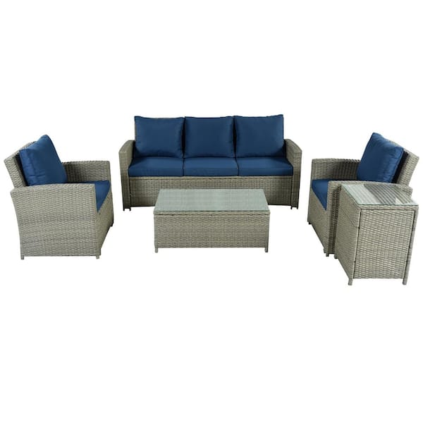 Unbranded Grey 5-Piece Wicker Outdoor Sectional Set with Blue Cushions