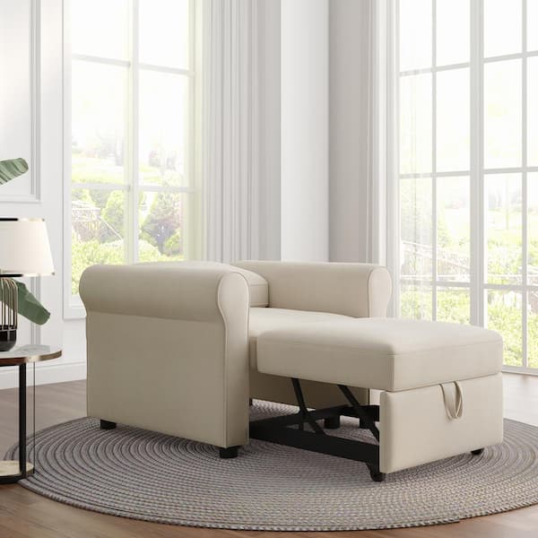 66 in. W Beige Linen Adjust Backrest 3-in-1 Sofa Bed Chair