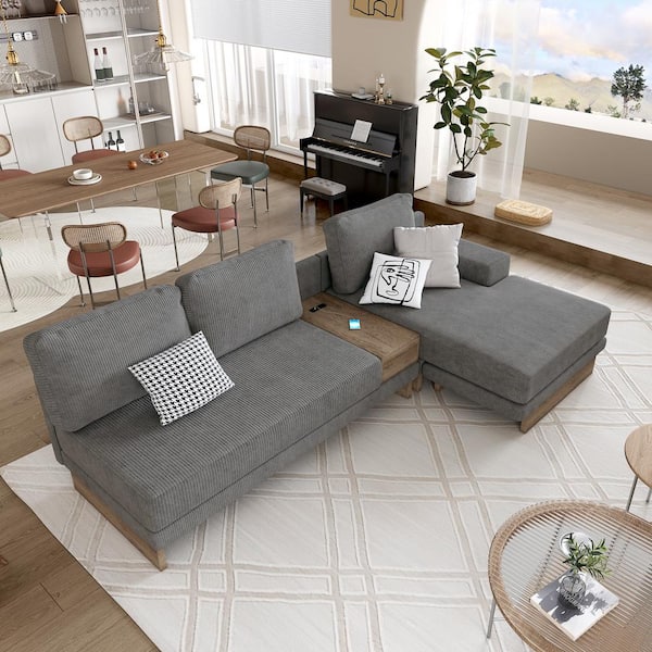 Harper & Bright Designs 114 in. Square Arm Corduroy Fabric L-shaped Sectional Sofa in. Gray with USB Ports and Sockets, Drawer
