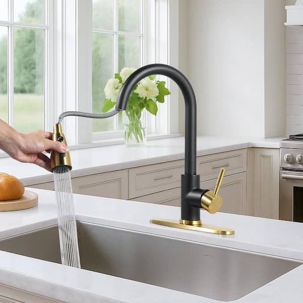 15.3 in. 3-Mode Single Handle Stainless Steel Pull Down Sprayer Kitchen Faucet with Swivel Spout in Gold and Black