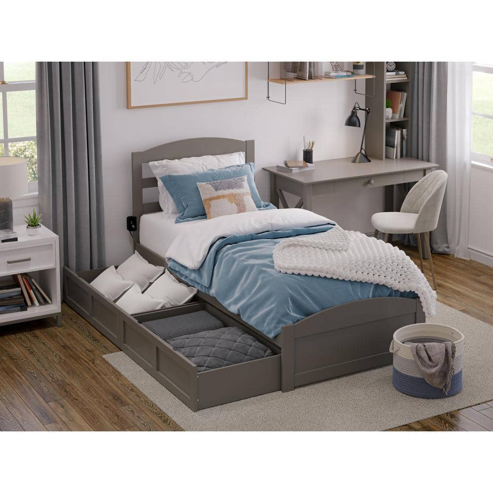 Gray Twin Wood Platform Bed with Storage Drawers