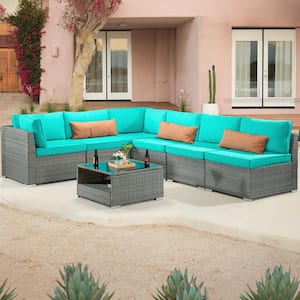 7-Piece Wicker Outdoor Patio Sectional Sofa Conversation Set with Turquoise Blue Cushions