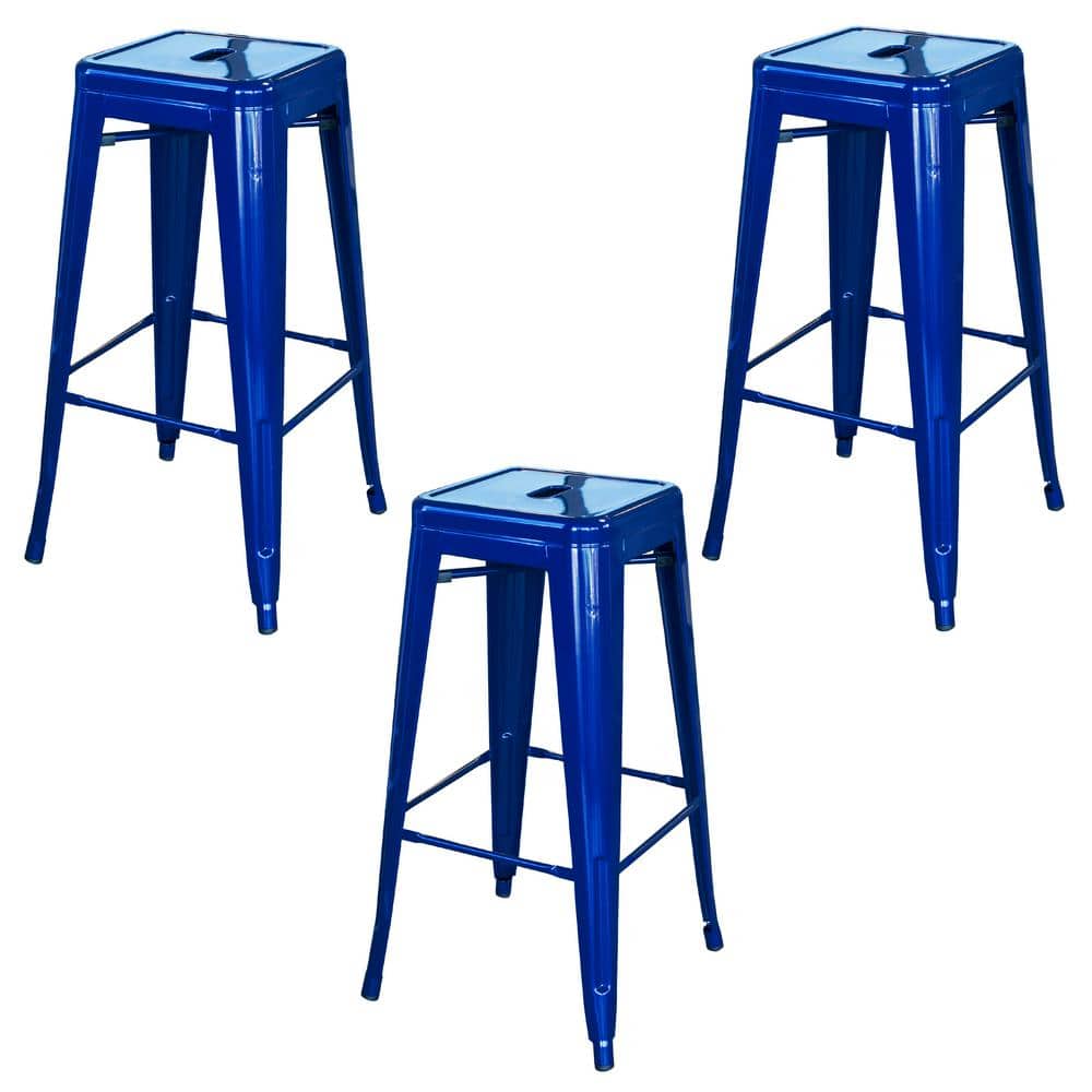 AmeriHome 30 in. Blue Metal, Backless, Stackable Bar Stool (Set of 3