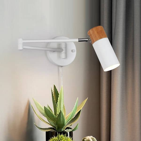 SUNLLOK Industrial 6.1 in. 1-Light White Wood Swing Arm Plug in Wall Sconces, Reading E26 LED Wall Lamp for Living Room Bedroom