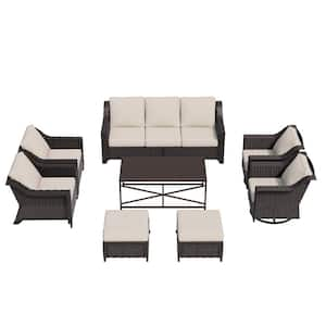 8-Piece Wicker Outdoor Patio Conversation Set Swivel Rocker Chairs with Beige Cushions