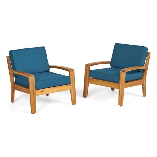 Grenada Teak Brown Wood Outdoor Patio Club Lounge Chairs with Dark Teal Cushions (2-Pack)