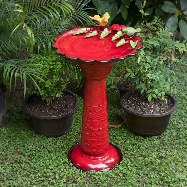 28 in. Tall Outdoor Metal Birdbath with Birds and Leaves Yard Statue Decoration, Red