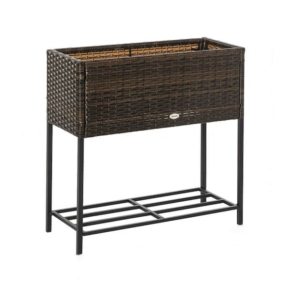 Jushua Plastic Raised Garden Bed with Tool Storage Shelf, Elevated Planter Box with Rattan Wicker Look, Portable Design, Brown
