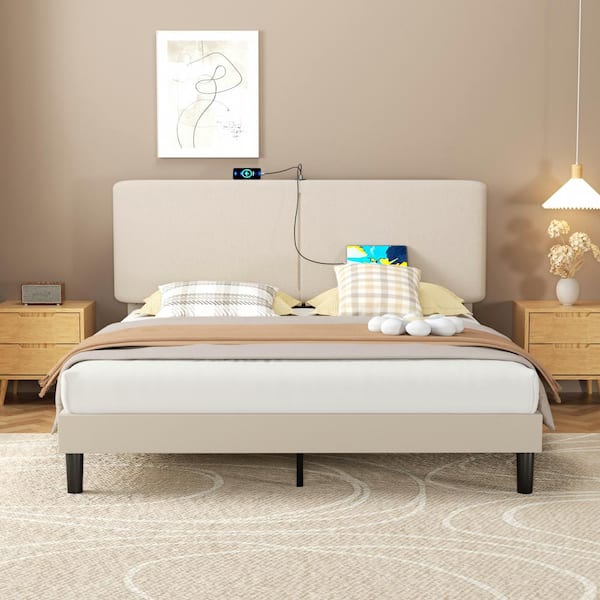 VECELO Bed Frame with Type-C and USB Ports, Upholstered Platform Height-Adjustable Cotton and Linen Headboard, Beige Queen Bed