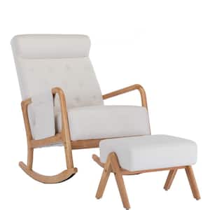 Modern Upholstered White Fabric Rocking Chair With Wooden Base and Ottoman
