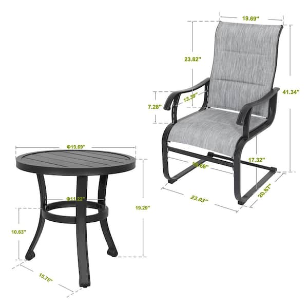Black and Light Gray 3-Piece Metal and Textilene Round Outdoor Bistro Set with C-Spring Motion