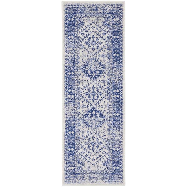Nourison Whimsicle Ivory Navy 2 ft. x 8 ft. Geometric Bohemian Kitchen Runner Area Rug