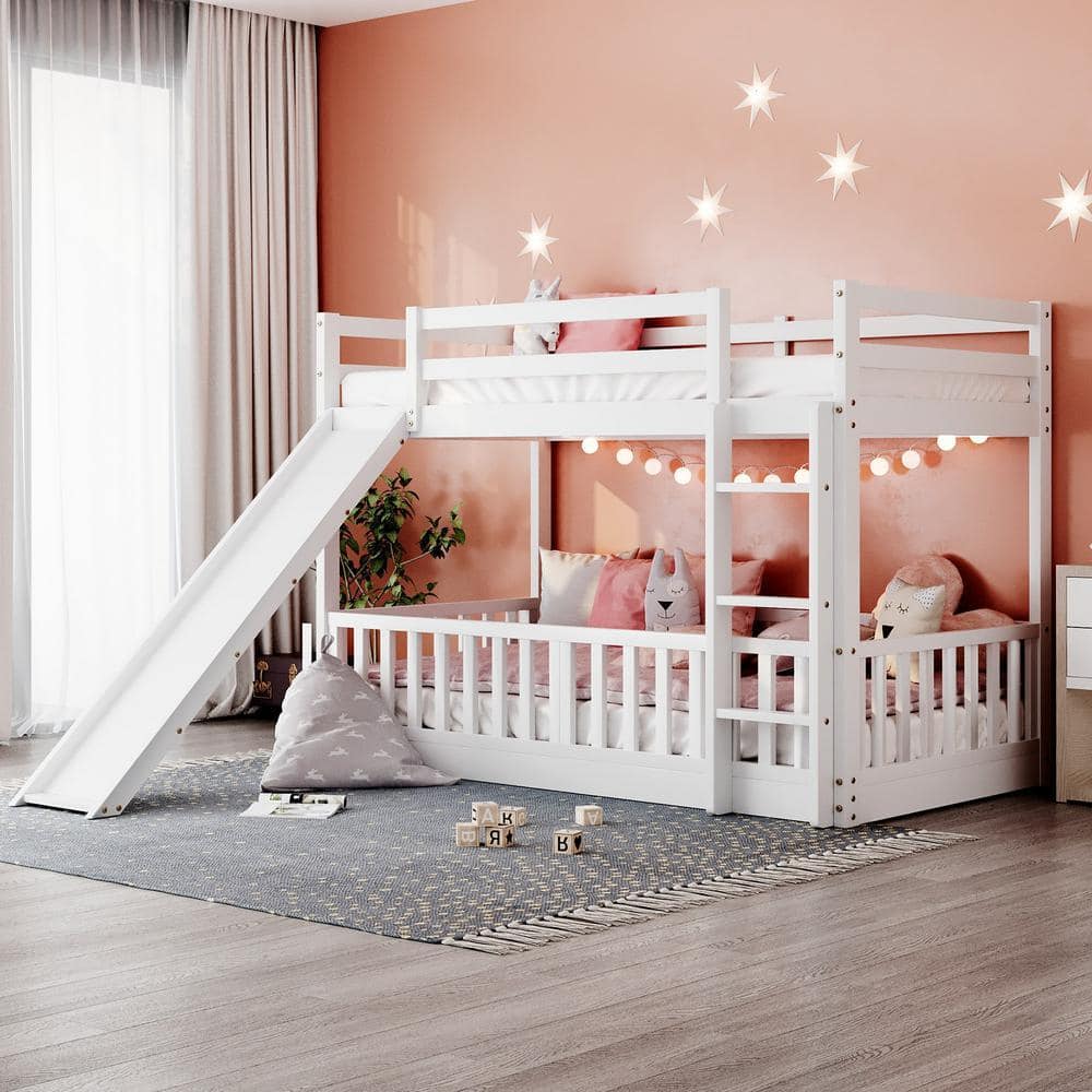 Qualler Alimi White Twin Over Twin Bunk Bed with Slide and Ladder