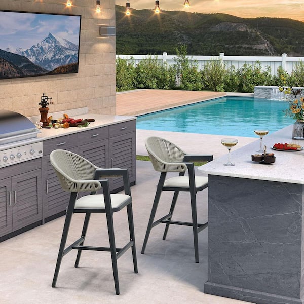 Aluminum Modern Rattan Bar Height Outdoor Bar Stool with Back for Patio Backyard or Kitchen, Gray(2 pack)