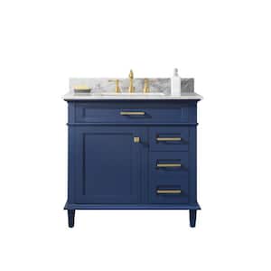 36 in. W x 22 in. D Vanity in Blue with Marble Vanity Top in White with White Basin with Backsplash