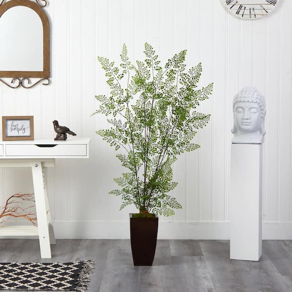 Nearly Natural 58 in. Ruffle Fern Artificial Tree in Bronze Metal Planter