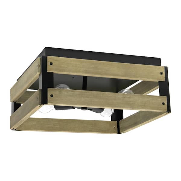 Lalia Home 14 in. Natural Wood Barnlit Four Light Decorative Squared Metal and Natural Wood Flush Mount Ceiling Light