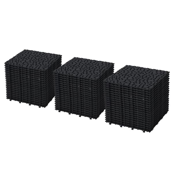 GOGEXX 1 ft. x 1 ft. PVC Deck Tiles Black 60 of Tiles Interlocking Flooring Pebble Stone Pattern Outdoor Anti-Slip (60-Pieces)