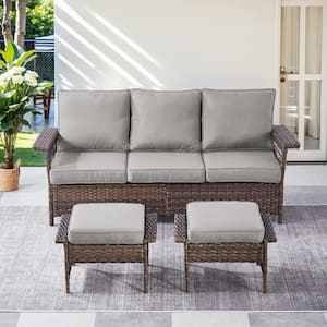 StLouis Brown 3-Piece Wicker Outdoor Couch with Ottoman with Gray Cushions