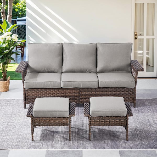 Gymojoy StLouis Brown 3-Piece Wicker Outdoor Couch with Ottoman with Gray Cushions
