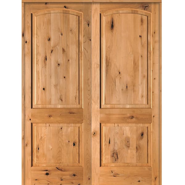 Krosswood Doors 48 in. x 96 in. Rustic Knotty Alder 2-Panel Universal/Active Clear Stain Wood Double Prehung Interior Door with Arch-Top