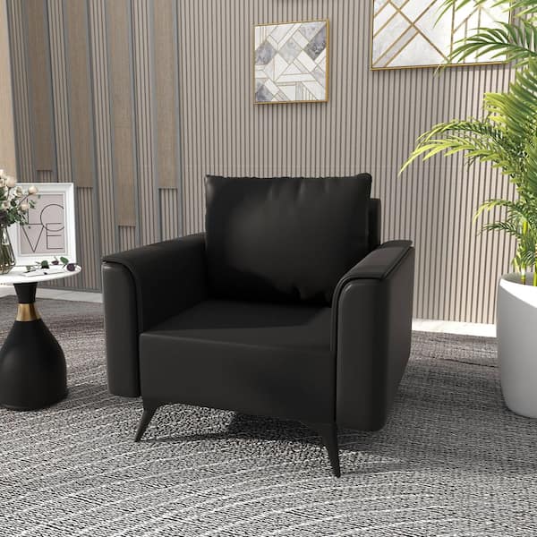 Leisuremod Rusk Single-Seater Sofa Upholstered Leather Lounge Armchair with Stainless Steel Legs and Removable Cushions in Black