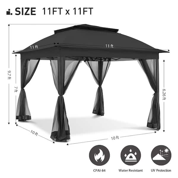 11 ft. x 11 ft. Black Pop-Up Gazebo with Steel Frame and Mosquito Netting