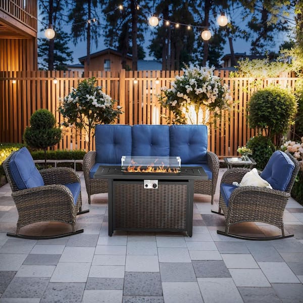 Bellefurn Rotavia 5-Piece Brown Wicker Patio Conversation Set with Blue Cushion and Retangular 50000 BTU Gas Fire Pit Table