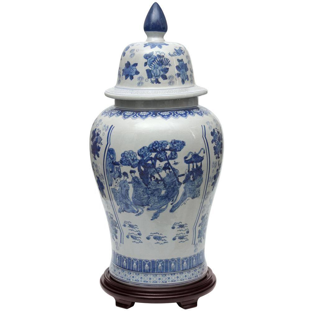 32" Blue and White Porcelain Temple Jar with Floral Design