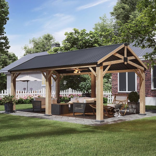 Sizzim 20 ft. x 12 ft. Outdoor Wood Gazebo, Hardtop Gazebo Permanent Wooden Pavilion with Galvanized Steel Roof, Cedar Wood