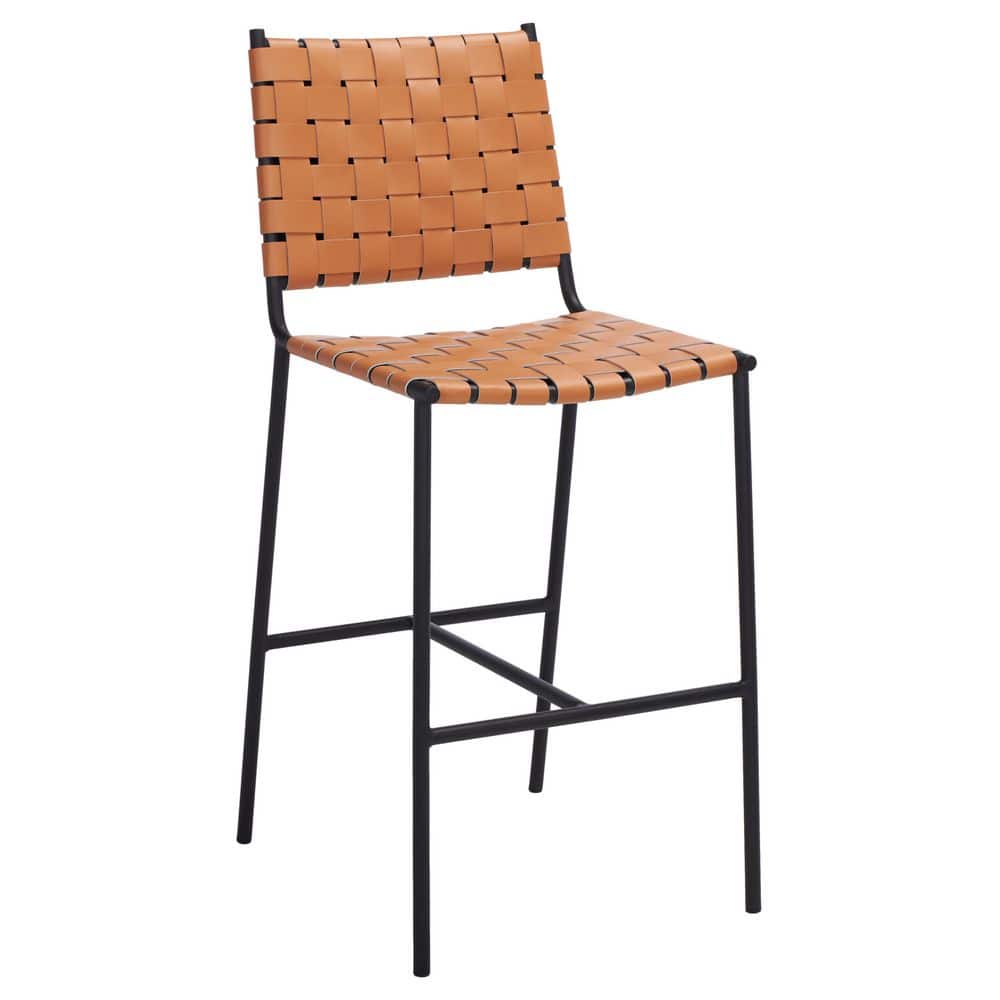Cognac Leather and Black Metal Saddle Counter Stool
