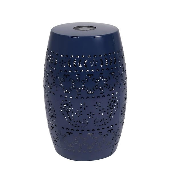 9.5 in. D x 18.25 in. H Round Metal Outdoor Patio Side Table Hollow Side Table w/ Built-in Solar Powered Light in Blue