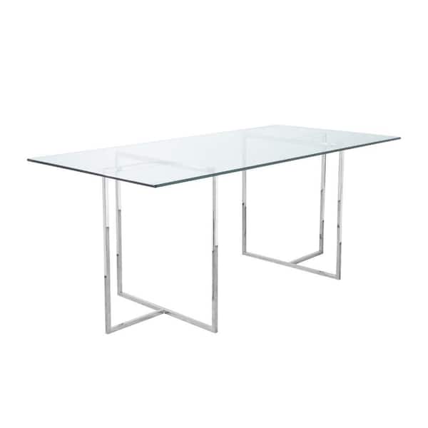 Benjara Nisa Chrome and Clear Glass Rectangle 71 in. Trestle Base Dining Table Seats 6