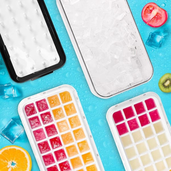 Easy Press Stackable Ice Trays with Lid and Storage Bin Black Square Ice Cube Mold Set for Cocktails 2 Trays