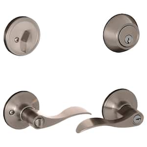 Satin Nickel Entry Single Cylinder Deadbolt and Millstreet Keyed Handle Combo Pack
