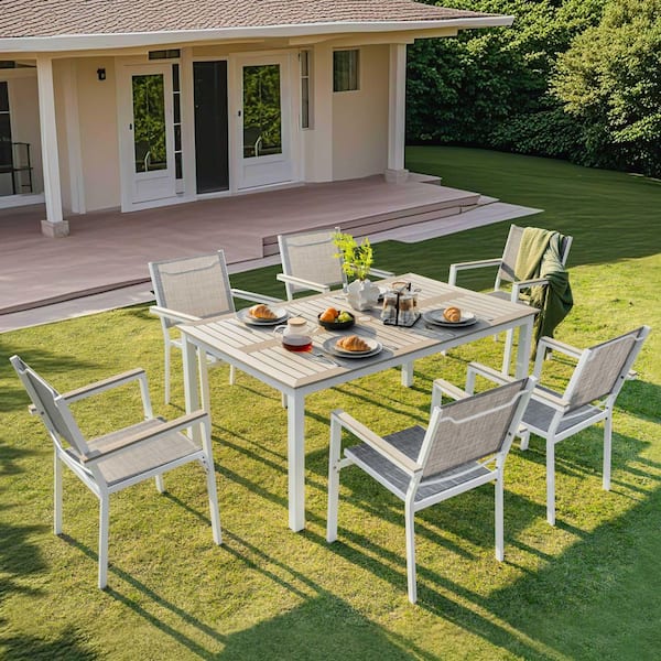 White 7-Piece Faux Wood and Textilene Rectangle Outdoor Dining Set with Umbrella Hole and Stackable Design