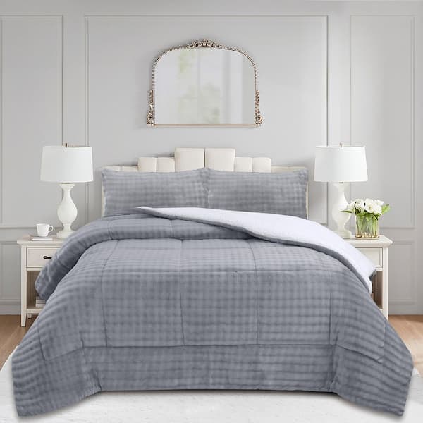 MarCielo ME546 Grey Bubble Queen Size Polyester Flannel Sherpa Comforter Set