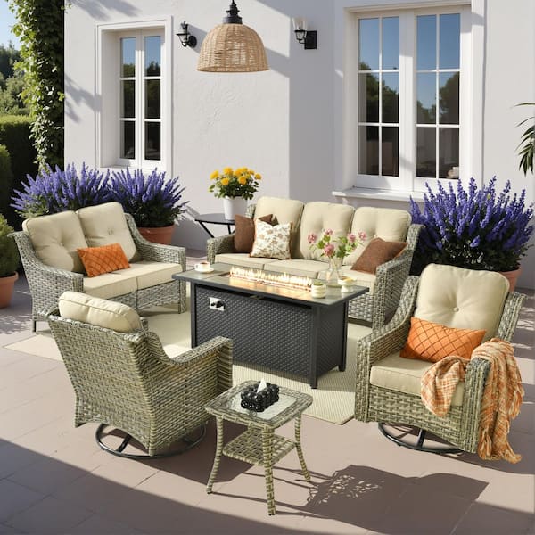 Eureka 6-Piece Wicker Patio Conversation Sofa Seating Set with Metal Fire Pit Table and Beige Cushions