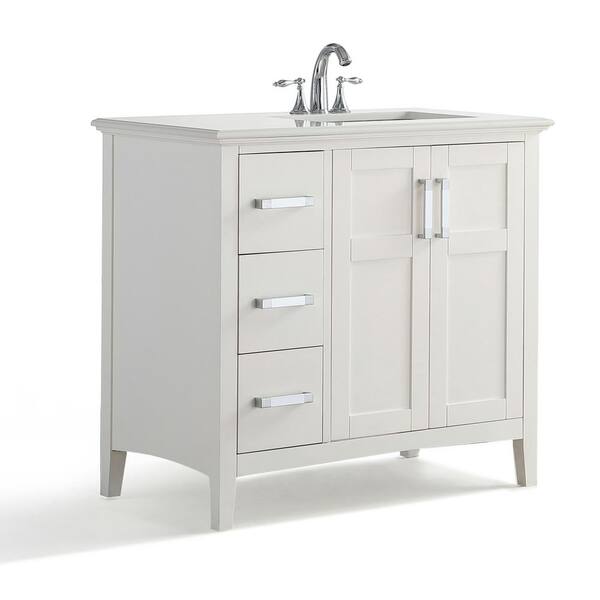 Simpli Home Winston 36 in. W x 22 in. D Bath Vanity in Soft White with Quartz Marble Vanity Top in Bombay White with White Basin