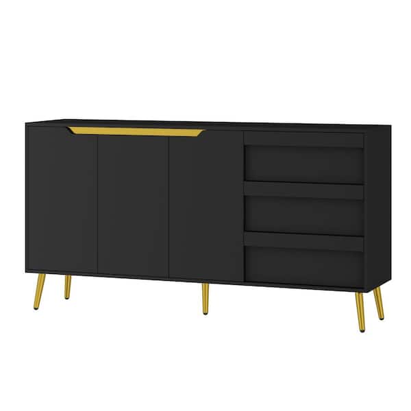 FUFU&GAGA Black 3-Drawers 63 in. W, Wooden Dresser, Storage Cabinet, Sideboard with 3-Doors & 4-Shelves Inside