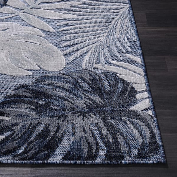 Bloom Navy Blue 10 ft. x 14 ft. Leaf Tropical Botanical Indoor Outdoor Area Rug
