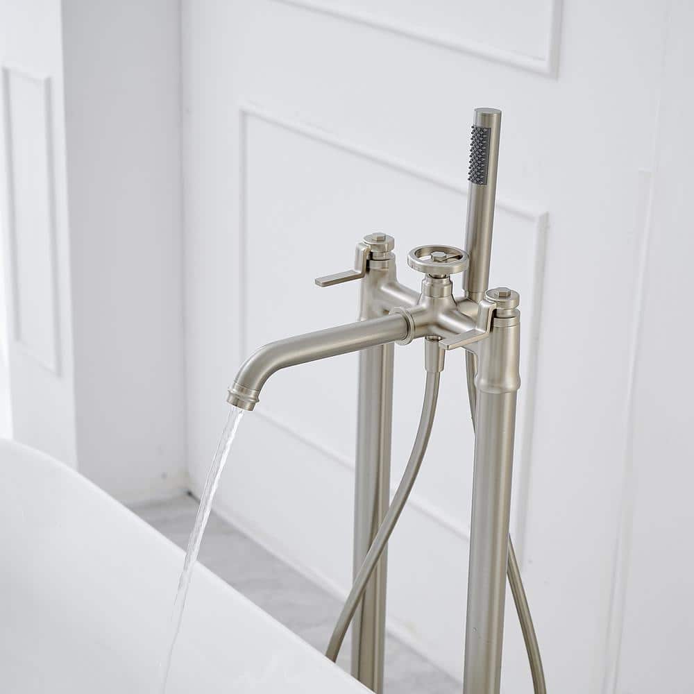 Brushed Nickel Freestanding Floor Mount Tub Faucet with Hand Shower