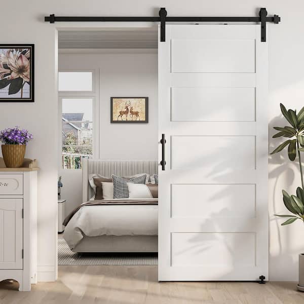30 in. x 84 in. White 5-Panel Latticework MDF Sliding Barn Door Slab with Hardware Kit