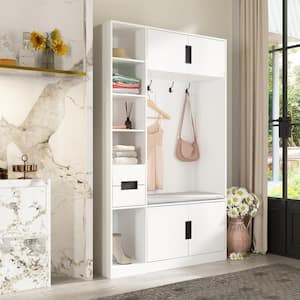 70.9 in. H White Wood 3 in.-1 Coat Rack Hall Tree Shoe Bench with 4-Metal Hooks and Doors, 2-Drawers and Shelves