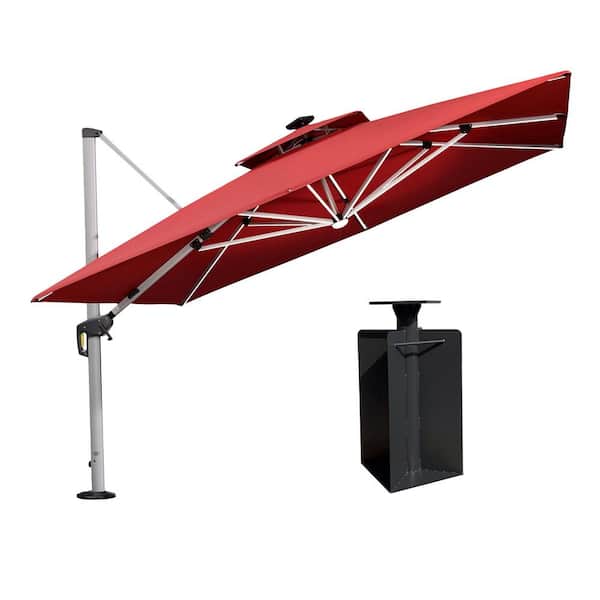 PURPLE LEAF 11 ft. Square Aluminum Solar Powered LED Patio Cantilever Offset Umbrella with Base in Ground, Terra