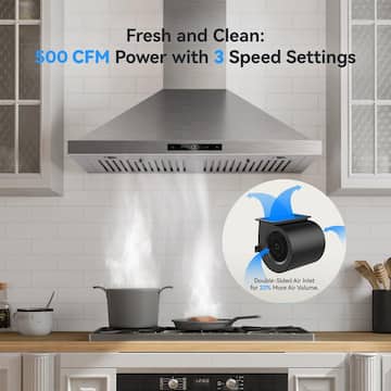 VIKIO 36 in. 500 CFM Convertible Wall Mount Range Hood in Stainless Steel with LED Lighting, Dishable filter and Touch Control RHWM01-36